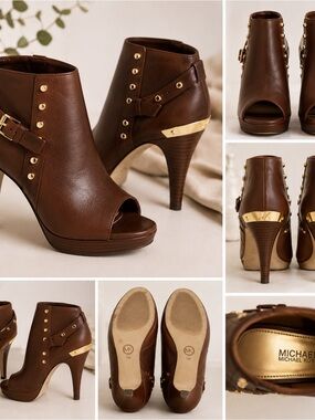 Michael Kors Brown Peep-Toe Stacked Heel Booties with Gold Accents